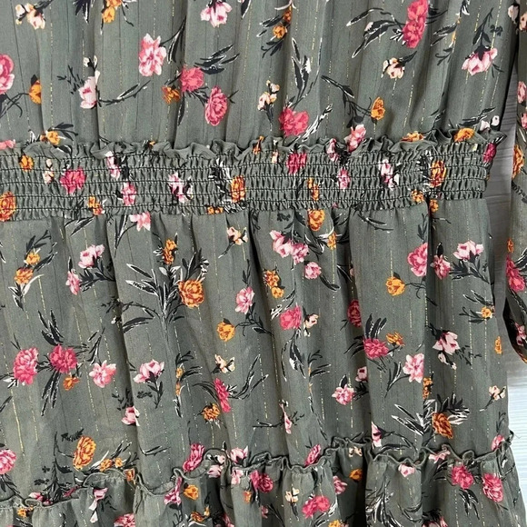 DREW Anthro Green Floral Print Dress Gold Stripes Long Sleeves Smocked Size L - Picture 6 of 16